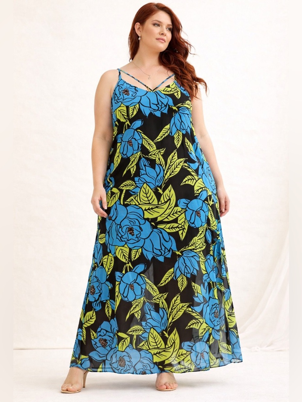 Y2K Romantic Floral Chiffon Maxi Nap Dress Cutout Editorial mbLm Sz 3X